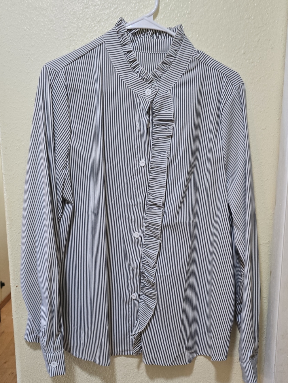Women's Black & White Striped Ruffle-Trim Shirt